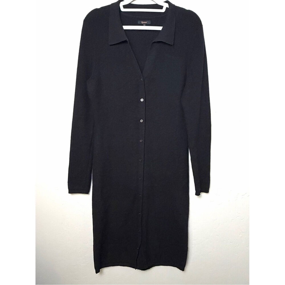 Quince Eco Knit Black Button Up Collared Sweater Dress Large Midi Long Sleeves